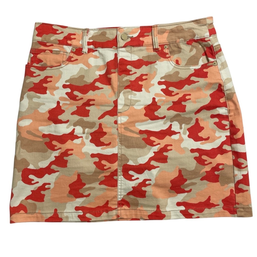 Boston Proper Skort Womens 14 Red Orange Camo Print Denim Style‎ Stretch Mini